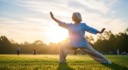 Senior Woman Practicing Tai Chi in Park at Sunrise. Defies "frail senior" tropes. "Health & Wellness" for the aging population