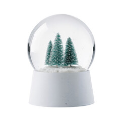 Snow Globe Displays Two Green Trees With White Snow and a Wooden Base in Winter Setting