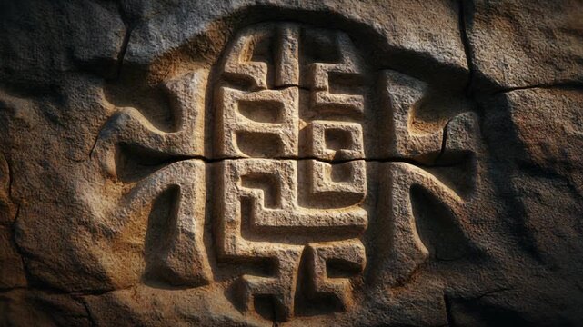 Carved circular geometric symbol on weathered sandstone rock closeup