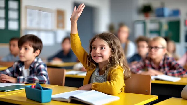 Education training class. Knowledge learning improvement study. A young girl raising her hand in a classroom, surrounded by a group of children seated at desks. On the desks are books and a box.