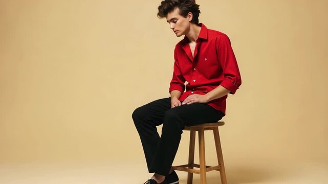 Full length portrait of nice young man sit stool wear red shirt isolated on beige color background fashion editorial photography, high-fashion imagery, avant-garde aesthetics, editorial stor.