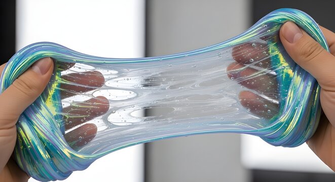 Hands holding colorful slime with a clear stretchy texture