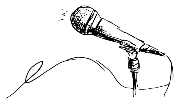 Dynamic microphone on stand with cable for wedding speech or music Hand drawn sketch doodle style vector illustration