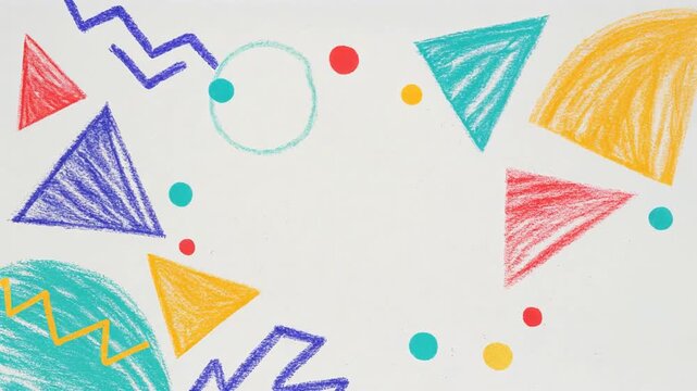 Hand drawn geometric crayon doodles colorful shapes on white background