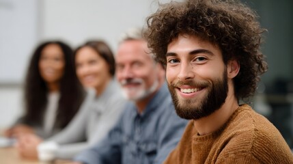 Obraz premium A diverse group of professionals smiles positively during a collaborative meeting in a modern office setting