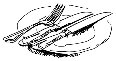 Fork and knife cutlery lying on a dinner plate hand drawn food sketch vector illustration for menu design © Celestynka