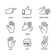Fototapeta premium Hand gestures set. Simple flat monochrome vector illustration isolated on white background.