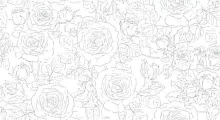 Obraz premium Intricate line art pattern featuring numerous blooming roses and delicate leaves on a white background, suitable for coloring or textile design.