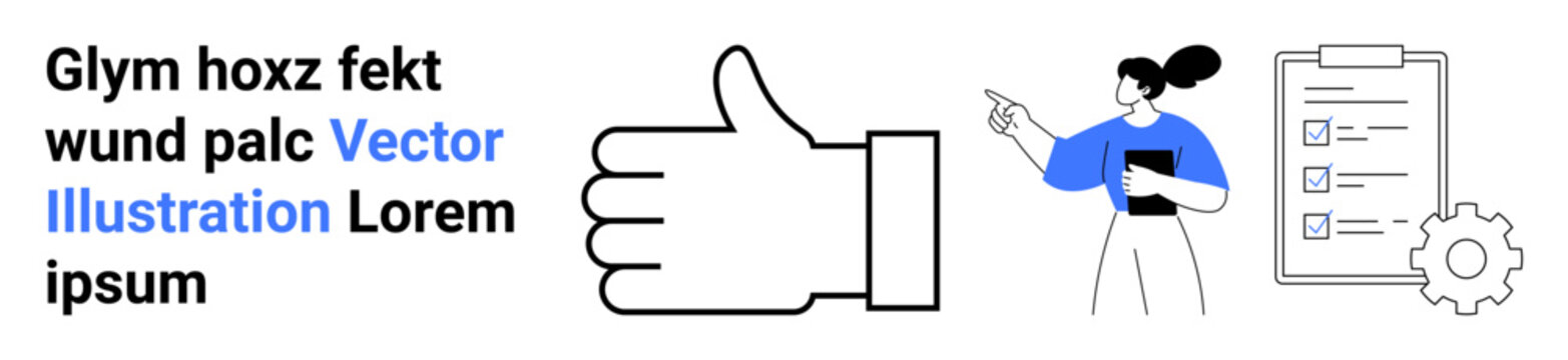 Productivity, workflow, organization, quality control, task management, efficiency. Large thumb up symbol, woman holding clipboard checklist gear icon. Productivity and workflow