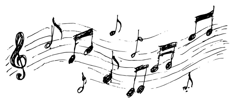 Artistic musical notes and treble clef flowing on wavy staff lines hand drawn vector illustration in sketch style