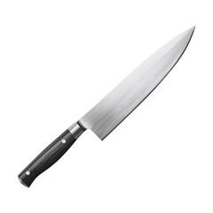 Sharp Kitchen Knife Resting on a White Background With a Black Handle and Stainless Steel Blade