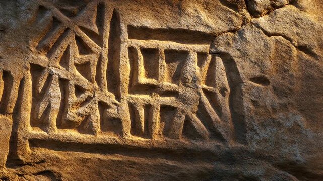 Sunlit ancient stone relief carving closeup petroglyph texture detail