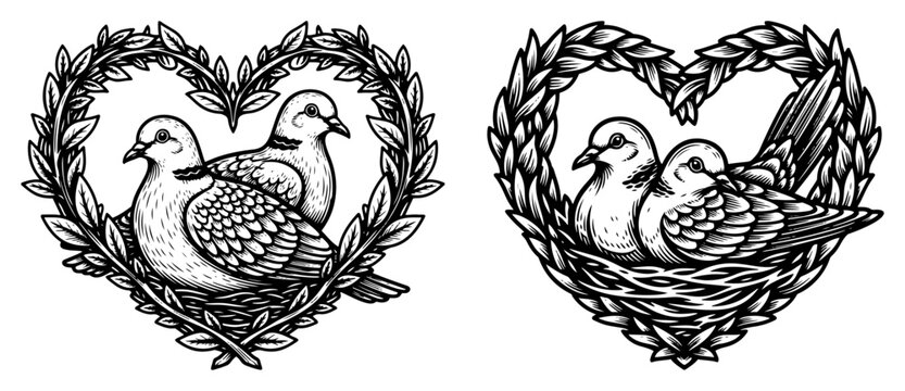 Two turtle doves sitting in a heart shaped floral wreath nest vintage engraving style vector illustration symbol of love