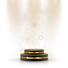 Realistic golden round podium with laurel wreath, glitter dust and glowing light beams on dark background symbolizing triumph and prestigious award

