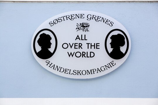 Svendborg, Denmark - August 13, 2020: Sostrene Grene logo on a wall. Sostrene Grene translating to the Sisters Grene is a Danish retail chain which was founded in Aarhus, Denmark