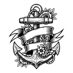 Vintage nautical anchor with ribbon and roses hand drawn vector illustration in old school tattoo engraving style © Celestynka