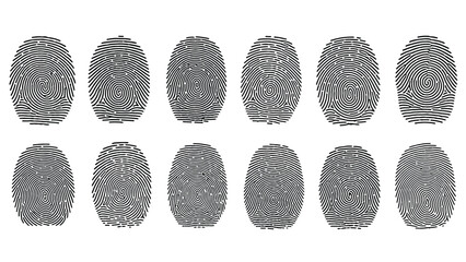 Set of twelve unique human fingerprints, presented in black on a white background, displaying various intricate ridge patterns and swirls.