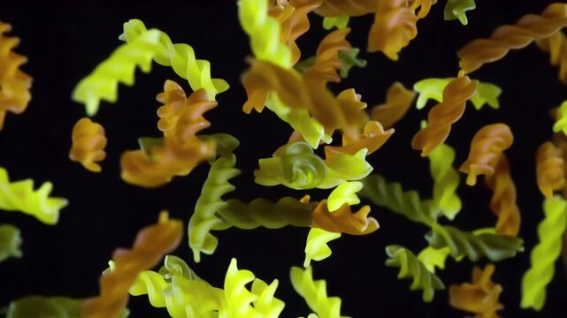Preparation of Multicolored Pasta. Italian pasta flies up and hang in front of the camera. Then fly away from the frame slowly into the darkness