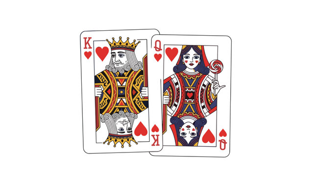 Stylized illustration of the King and Queen of Hearts playing cards, featuring traditional designs with a touch of modern artistic flair, representing card games and royalty.