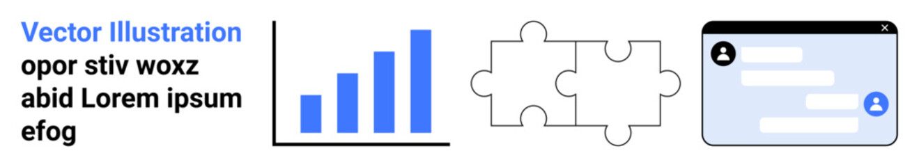 Fototapeta premium Data visualization, collaboration, user interaction, problem-solving, teamwork, communication. Bar graph, puzzle pieces and chat interface. Data visualization and collaboration concepts