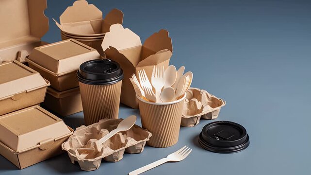 Eco-friendly food packaging and disposable tableware on a blue background.