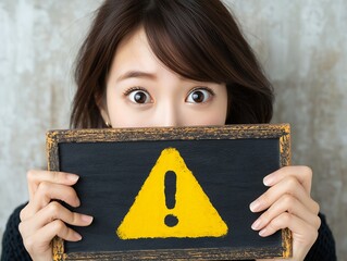 注意喚起の三角マークを掲げ驚いた表情で重要なお知らせを伝える女性イメージ