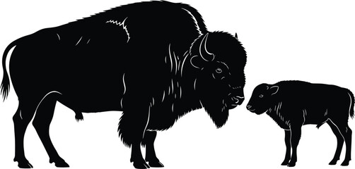 Black silhouette of American bison with small calf isolated on white background, wild buffalo family vector illustration for nature conservation and national park branding © Poritash