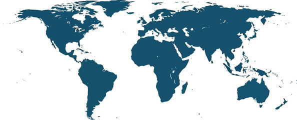 Obraz premium Solid dark blue world map graphic representing global connectivity and geographical information display on a white background.