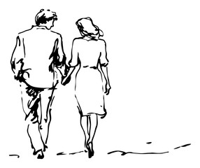 Fototapeta premium Romantic Couple Walking Together Hand Drawn Love Sketch Vector Illustration