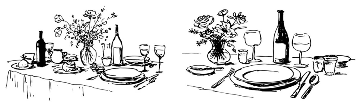 Wedding Reception Table Setting With Flowers And Wine Hand Drawn Sketch Vector Illustration