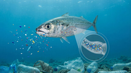 Fototapeta premium Fish Contaminated by Microplastics in Polluted Water