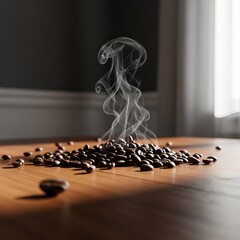 Steaming hot coffee beans on wooden table near window with soft natural light