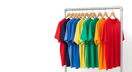 Colorful T-Shirt Rack: Rainbow spectrum of cotton shirts hanging on metal clothing rail, retail fashion apparel display, wardrobe organization, garment choice and textile industry concept