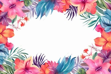 Fototapeta premium Vibrant watercolor flowers and palm leaves forming an elegant frame around a white background