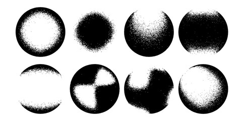 Grainy noise circles vector set. Dot grain texture circles. Spray texture sand and dissolving circles. Abstract black spheres with gradient stipple pattern. Vector illustration