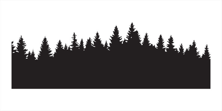 Black spruce pine forest silhouette border with evergreen trees set isolated on white background for nature landscape and winter vector