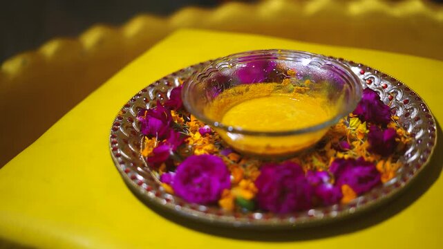 Haldi Paste in Decorative Plate for Indian Wedding Ceremony