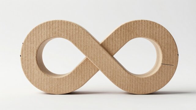Infinity symbol made of brown cardboard material isolated on clean white studio background horizontal