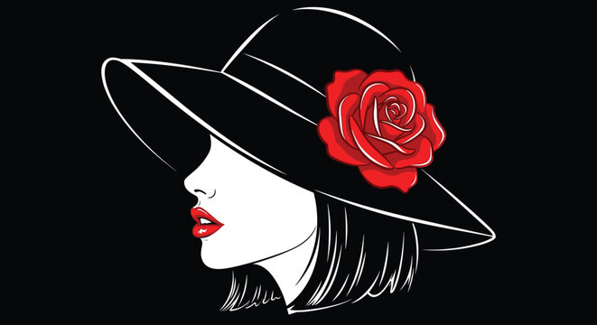 Elegant woman profile illustration wearing a stylish black wide brim hat decorated with a large red rose flower isolated on a black background