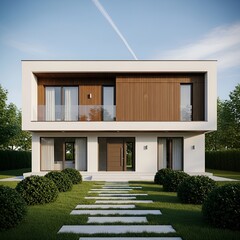 Modern twostory house with white walls and wooden accents in a green yard