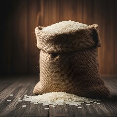 Burlap sack filled with white rice on wooden surface