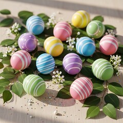 Colorful easter eggs with stripes and dots on wooden surface surrounded by leaves and flowers