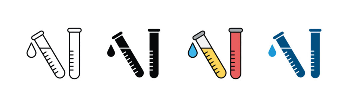 Medical lab test tube and scientific research icon vector. Laboratory glassware with liquid drop and chemical analysis symbol set. Vector illustration.