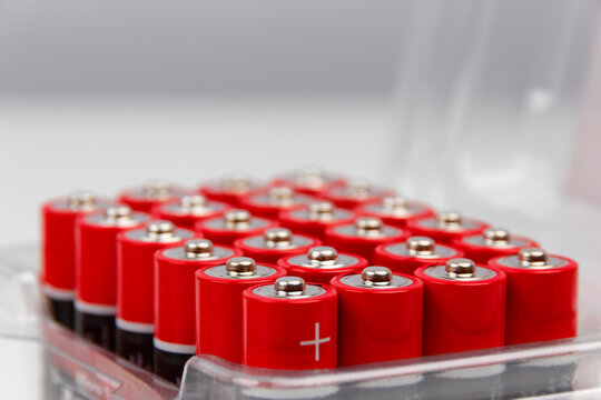 A symmetrical grid of 24 black and red mignonzells in a plastic package, with the foremost cell marked plus and all plus poles oriented upward.