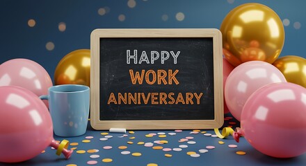 Happy work anniversary celebration with balloons and confetti
