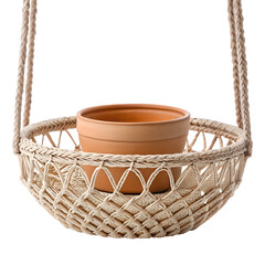Fototapeta premium A hanging woven basket with a small terracotta pot inside