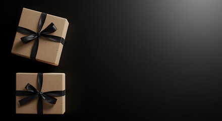 Two brown presents with black ribbons on a dark background