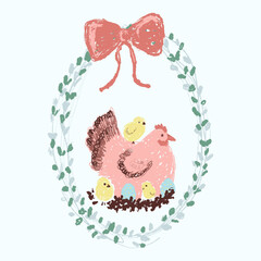 Cute Easter Hen with Chicks and Eggs in Floral Wreath Illustration