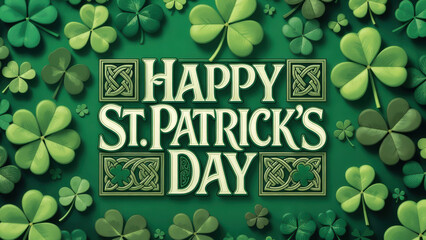 Happy St. Patrick Day text with decorative shamrocks and Celtic patterns on green background, celebrating Irish culture and tradition