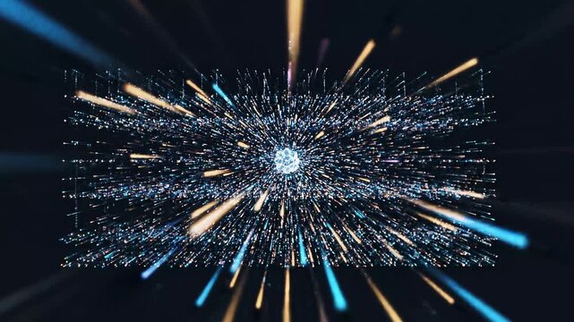 High speed light streaks passing through a central data point set against a dark background for modern technology advertising.